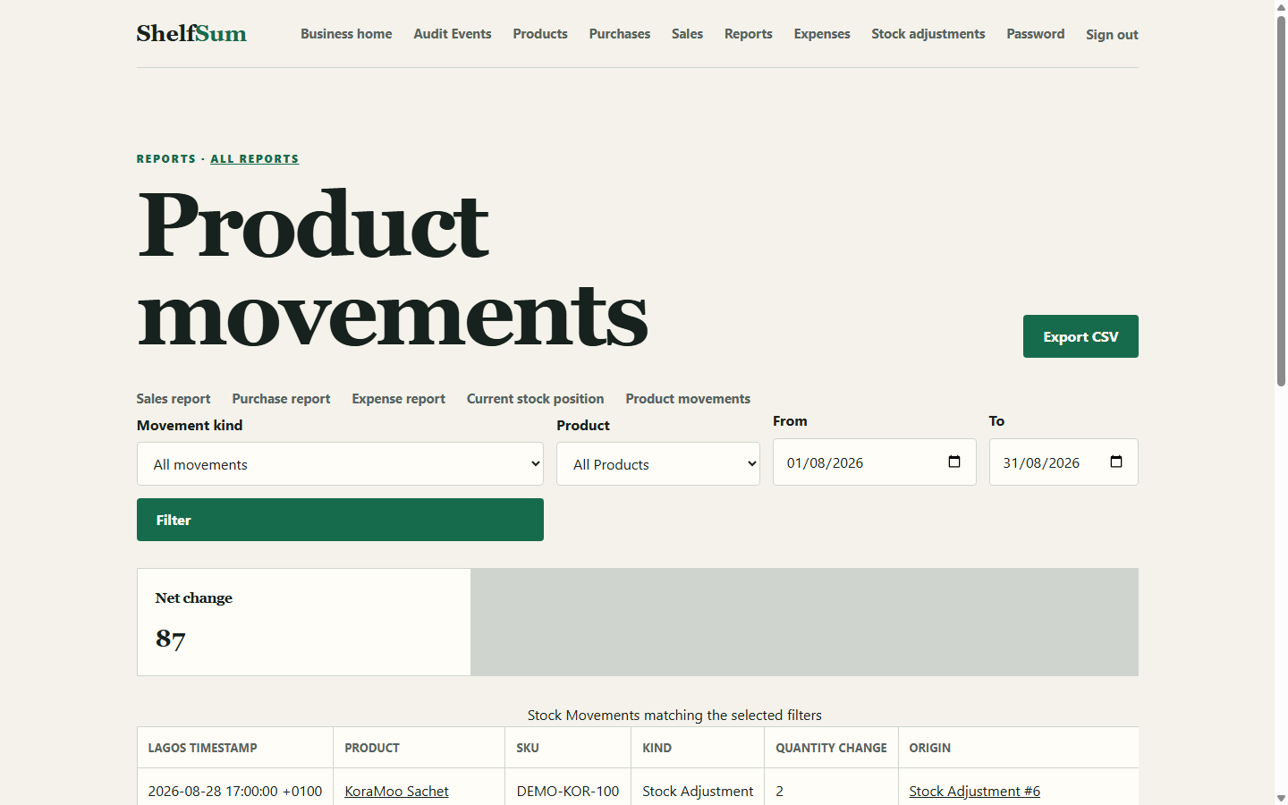 ShelfSum immutable stock movement ledger showing audit history